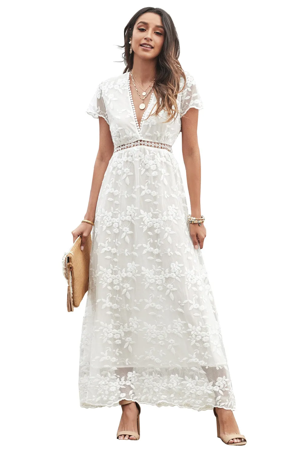 White V Neck Lace Maxi Dress