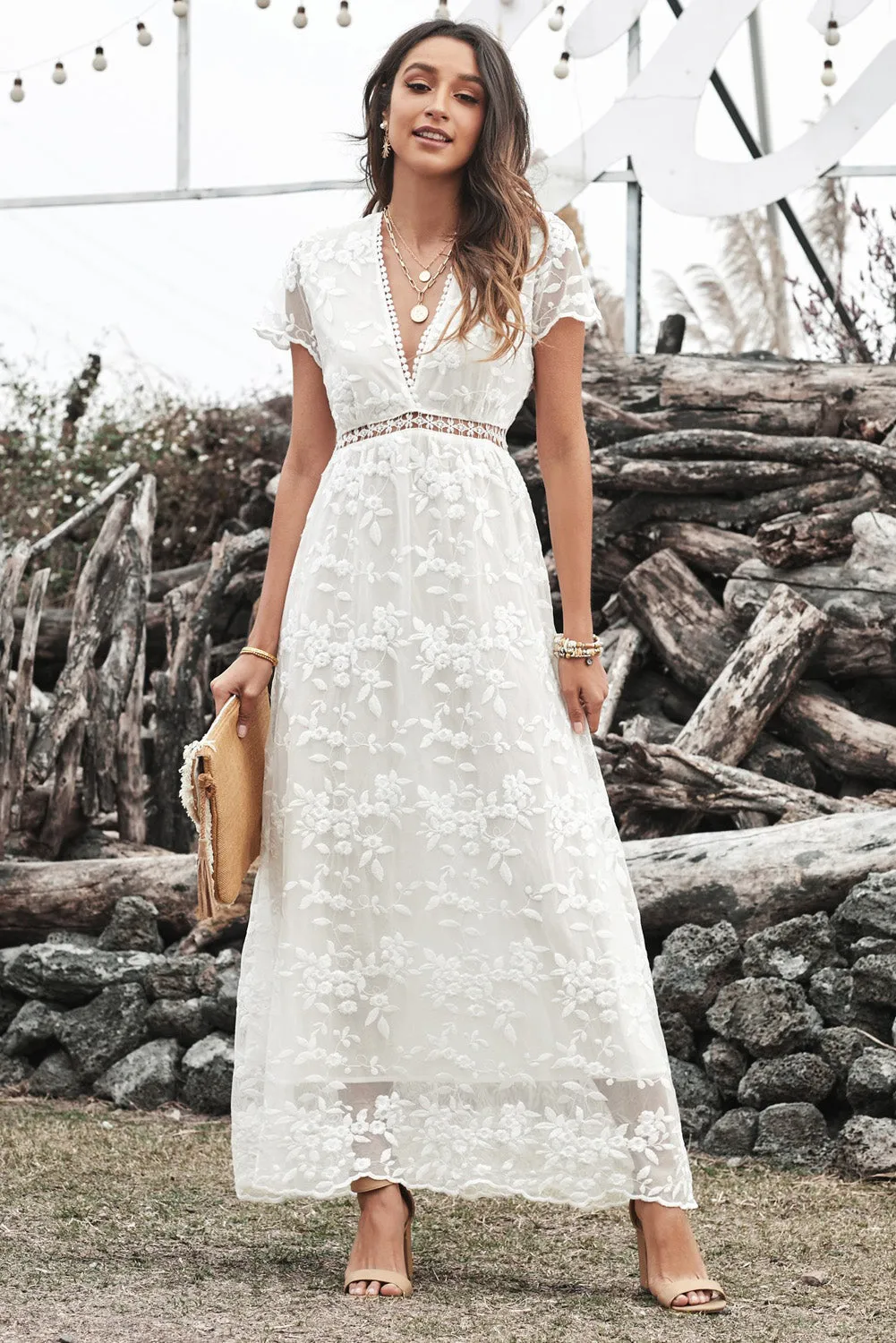 White V Neck Lace Maxi Dress