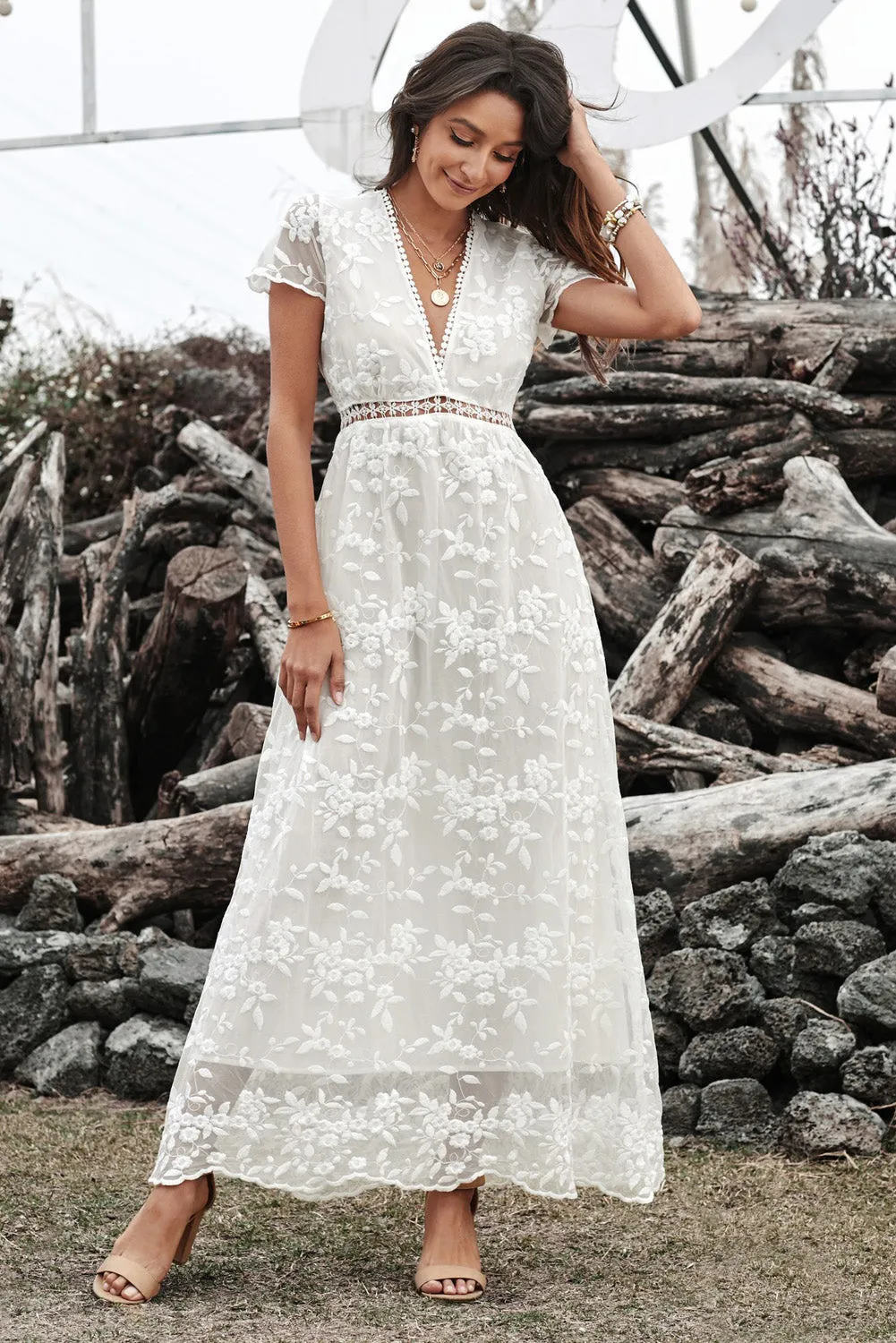 White V Neck Lace Maxi Dress