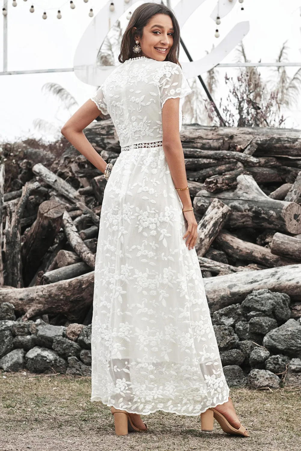 White V Neck Lace Maxi Dress