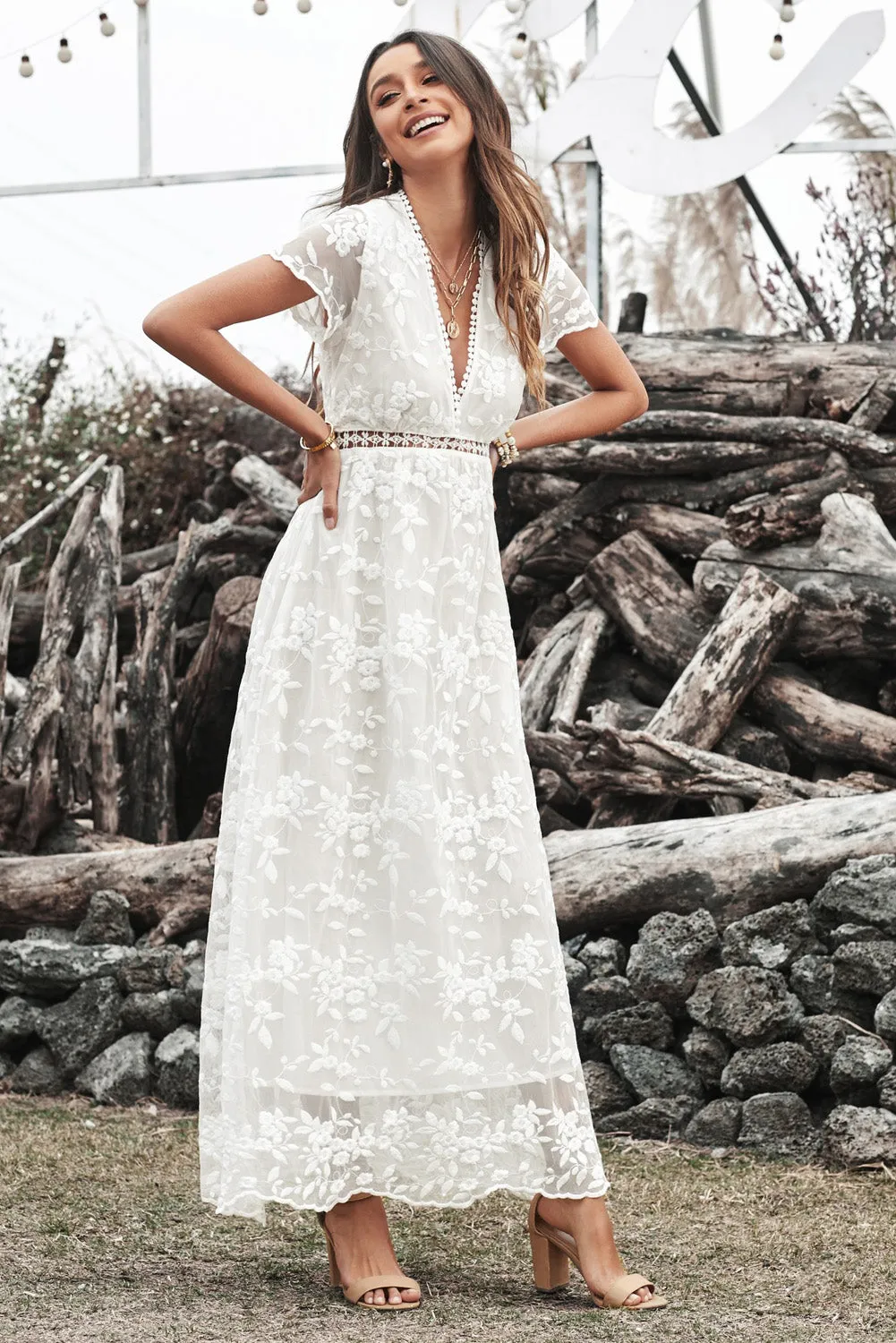 White V Neck Lace Maxi Dress