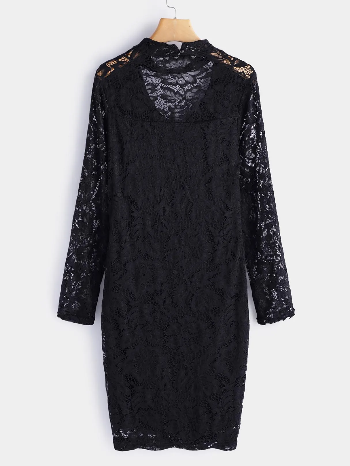 Wholesale Black V-Neck Long Sleeve Embroidered Crochet Lace Embellished Backless Hollow Midi Dress