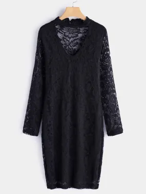 Wholesale Black V-Neck Long Sleeve Embroidered Crochet Lace Embellished Backless Hollow Midi Dress