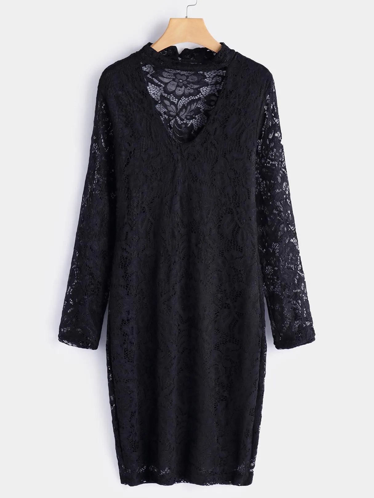 Wholesale Black V-Neck Long Sleeve Embroidered Crochet Lace Embellished Backless Hollow Midi Dress