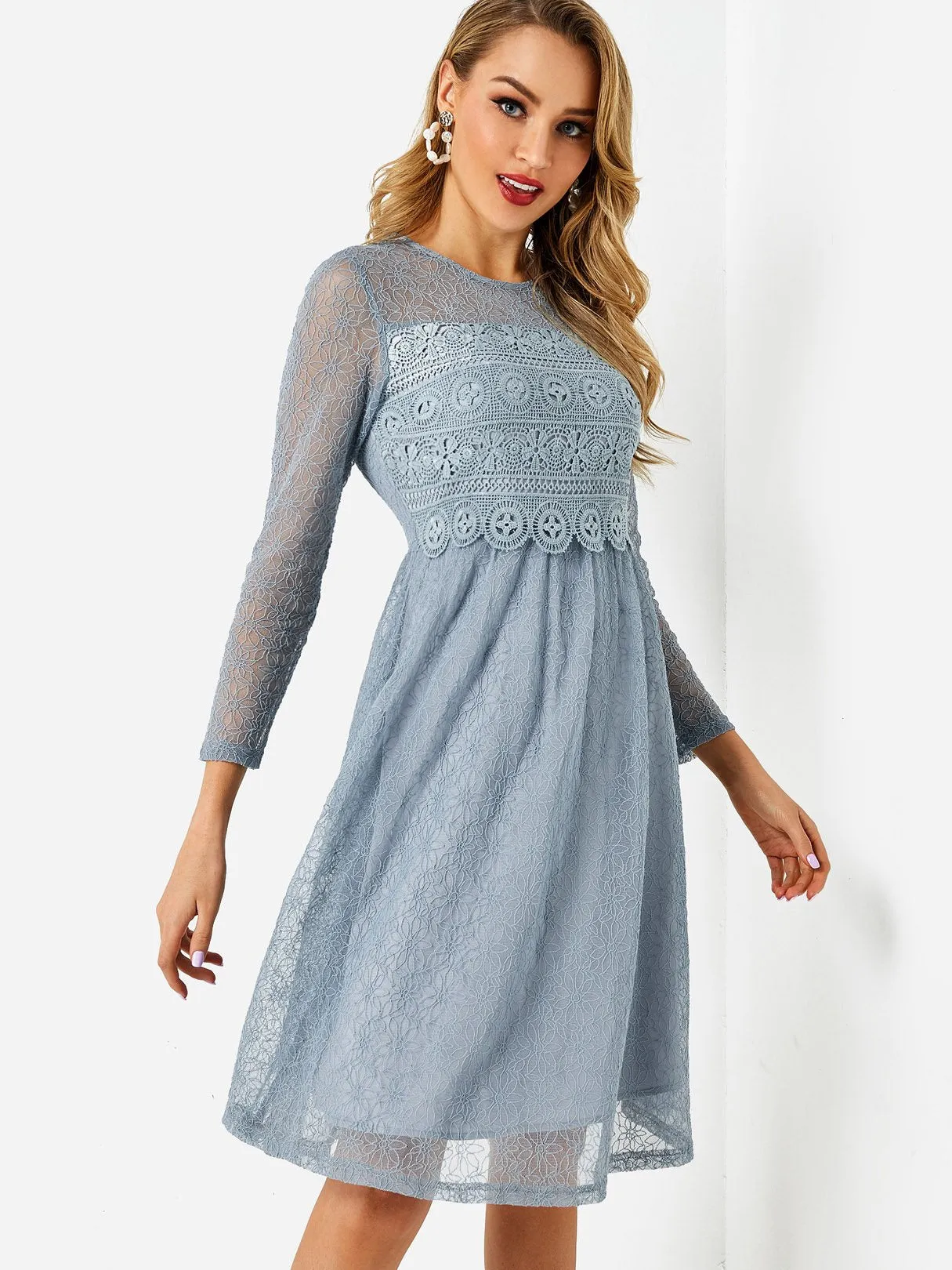 Wholesale Blue Round Neck 3/4 Sleeve Length Plain Lace Midi Dress