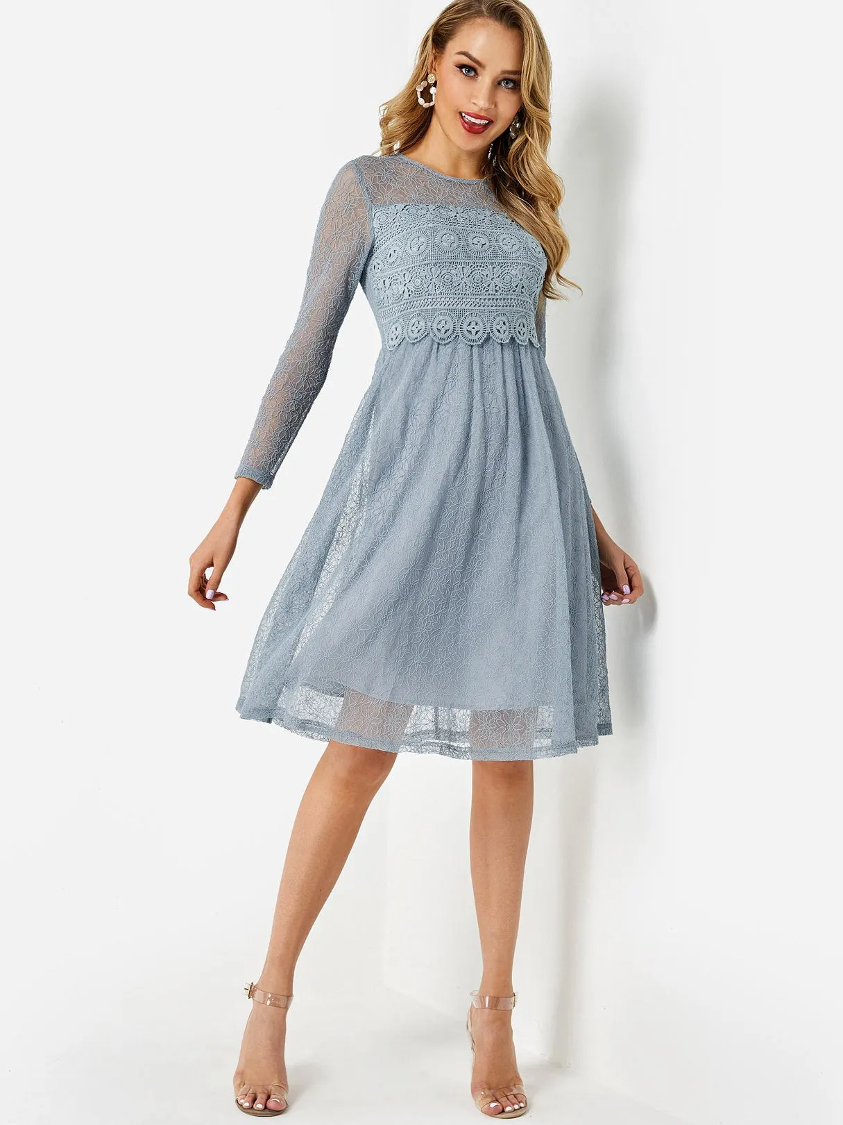 Wholesale Blue Round Neck 3/4 Sleeve Length Plain Lace Midi Dress