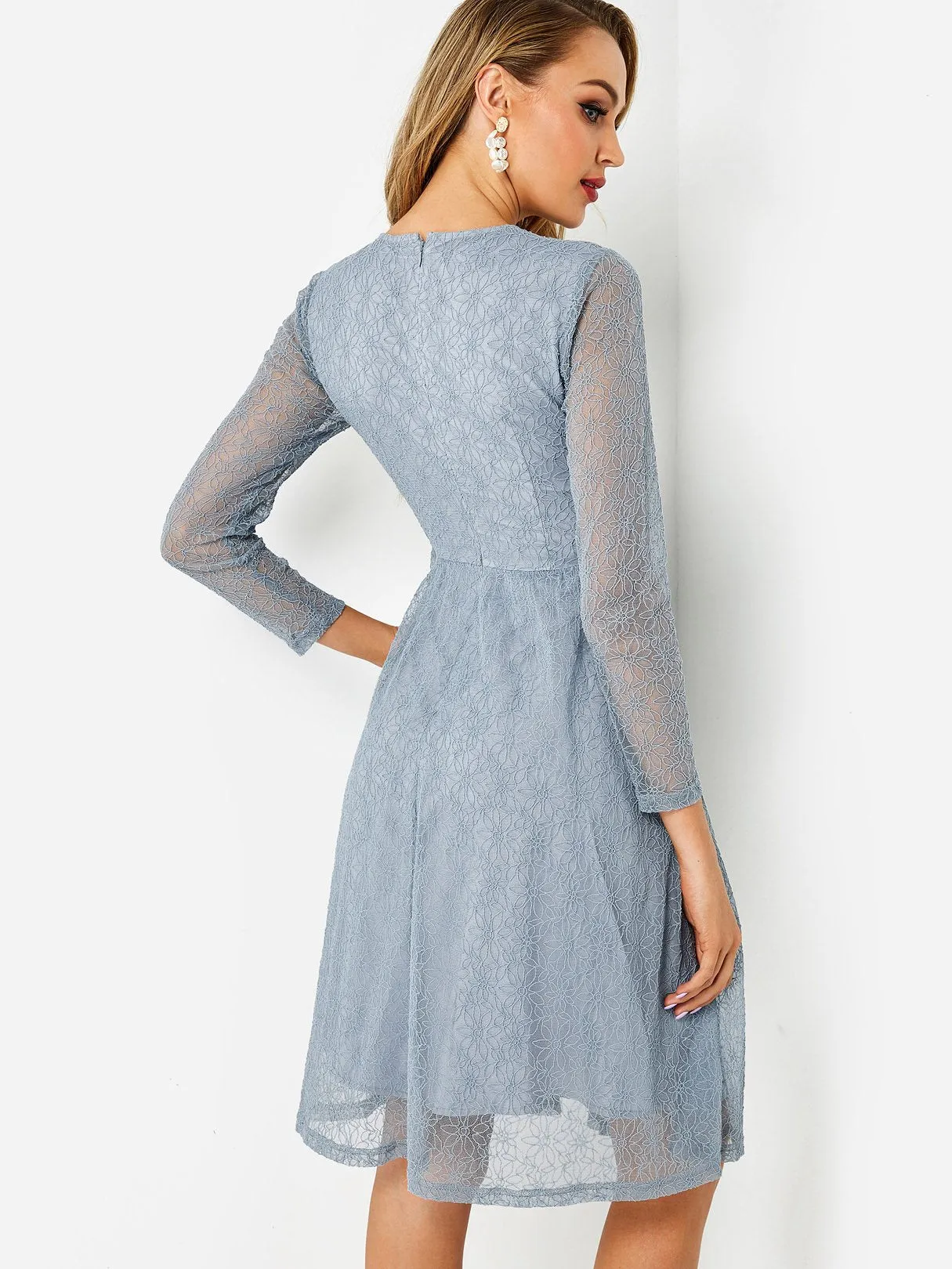 Wholesale Blue Round Neck 3/4 Sleeve Length Plain Lace Midi Dress