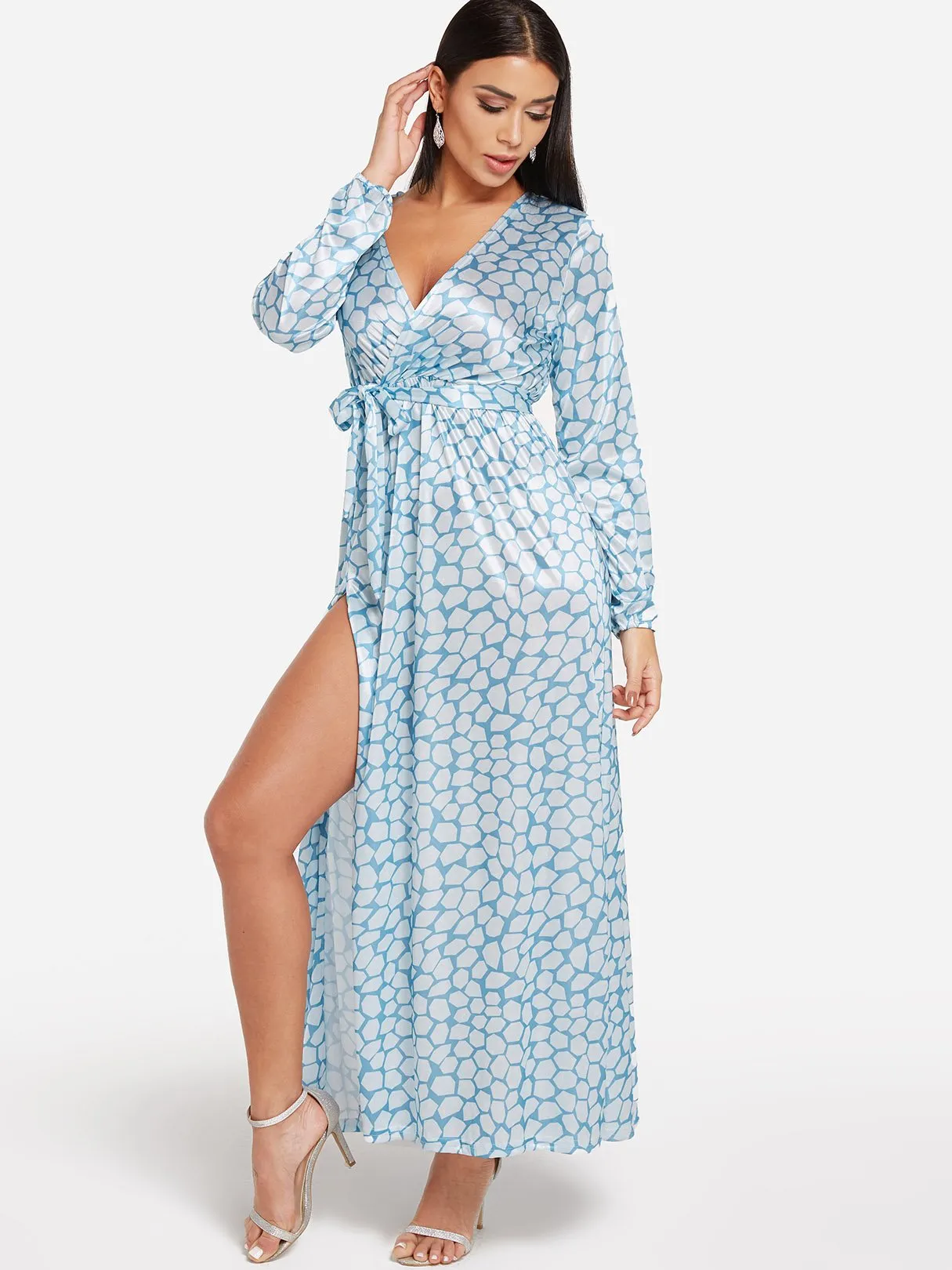 Wholesale Blue V-Neck Long Sleeve Geometrical Self-Tie Slit Hem Maxi Dress