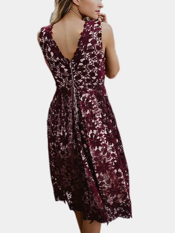 Wholesale Burgundy Sleeveless Lace Midi Dress