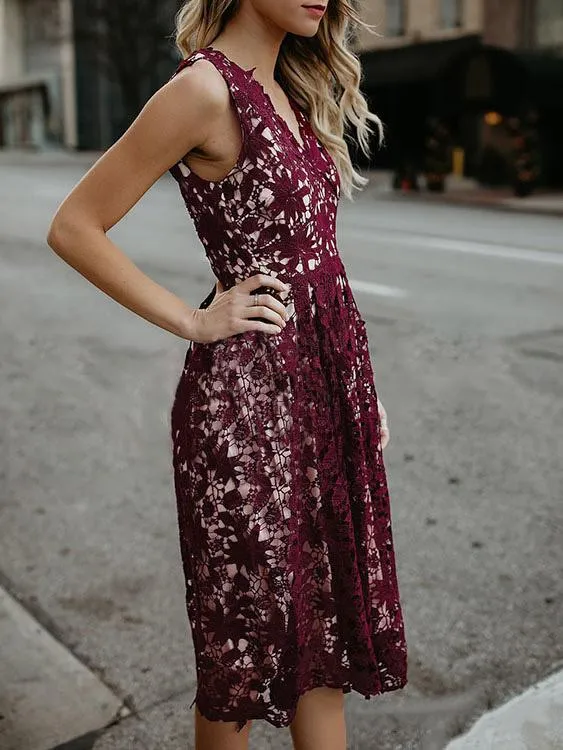 Wholesale Burgundy Sleeveless Lace Midi Dress