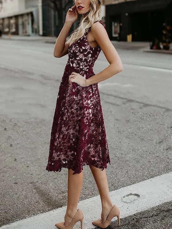 Wholesale Burgundy Sleeveless Lace Midi Dress