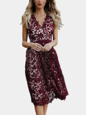 Wholesale Burgundy Sleeveless Lace Midi Dress