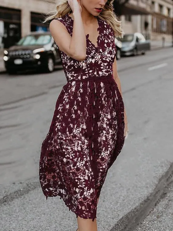 Wholesale Burgundy Sleeveless Lace Midi Dress