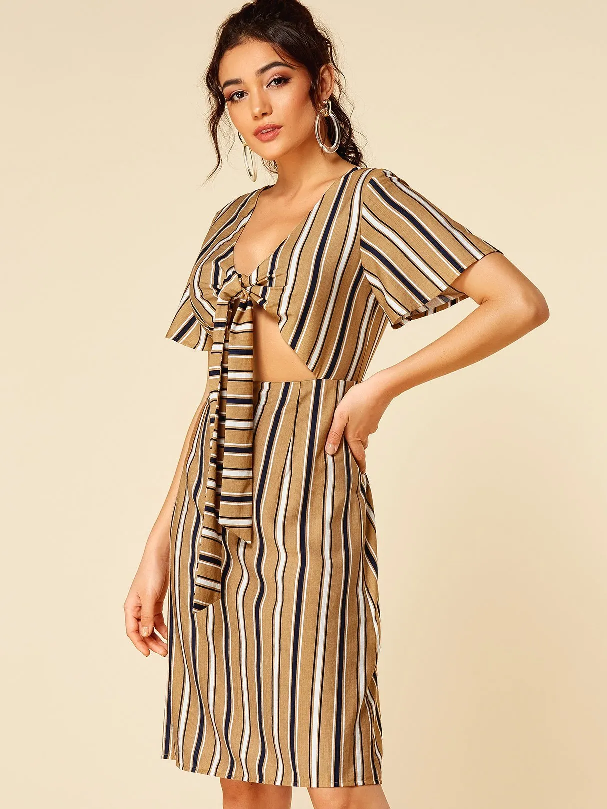 Wholesale Camel V-Neck Short Sleeve Stripe Cut Out Self-Tie Midi Dresses