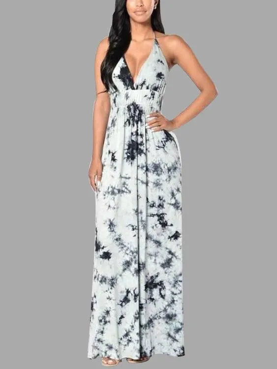 Wholesale Deep V-Neck Sleeveless Printed Backless Maxi Dress