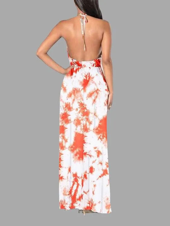 Wholesale Deep V-Neck Sleeveless Printed Backless Maxi Dress