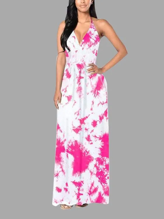 Wholesale Deep V-Neck Sleeveless Printed Backless Maxi Dress