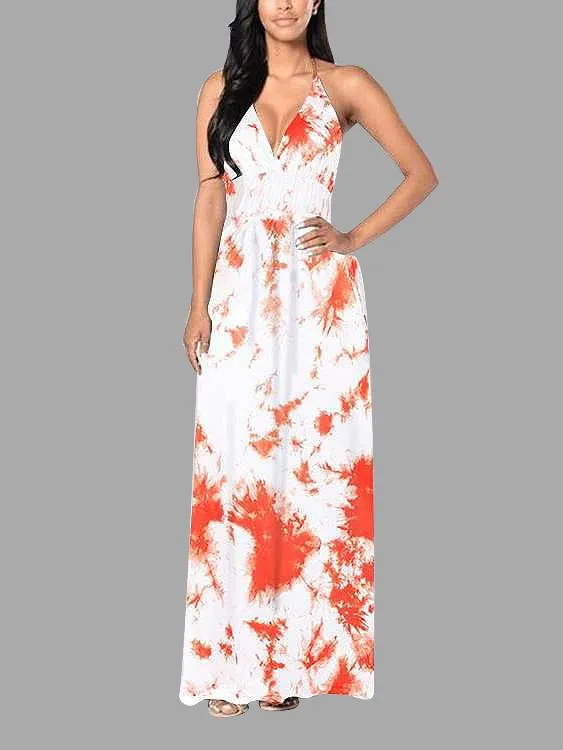 Wholesale Deep V-Neck Sleeveless Printed Backless Maxi Dress