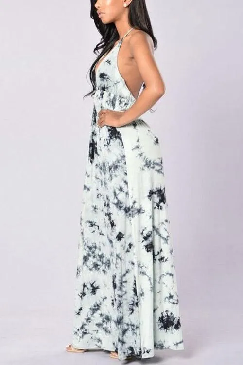 Wholesale Deep V-Neck Sleeveless Printed Backless Maxi Dress