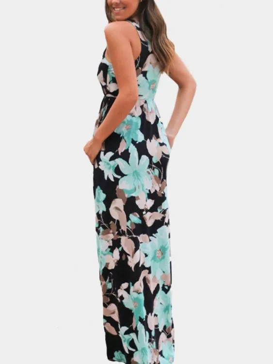 Wholesale Green Sleeveless Floral Print Maxi Dresses