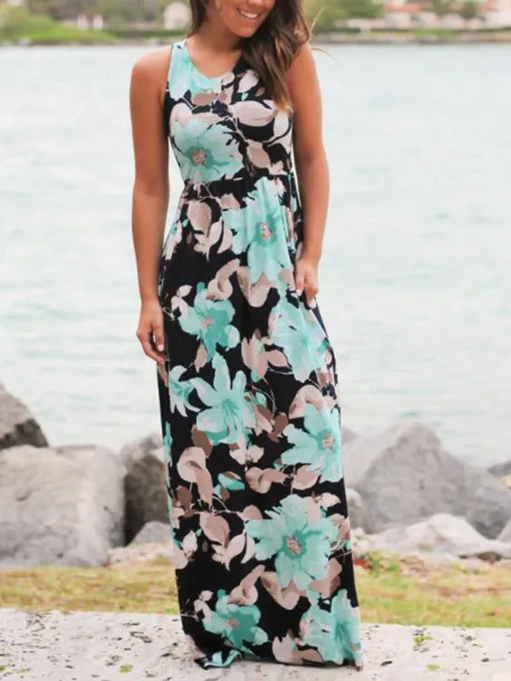 Wholesale Green Sleeveless Floral Print Maxi Dresses