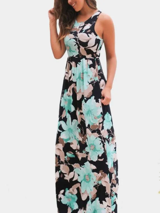 Wholesale Green Sleeveless Floral Print Maxi Dresses