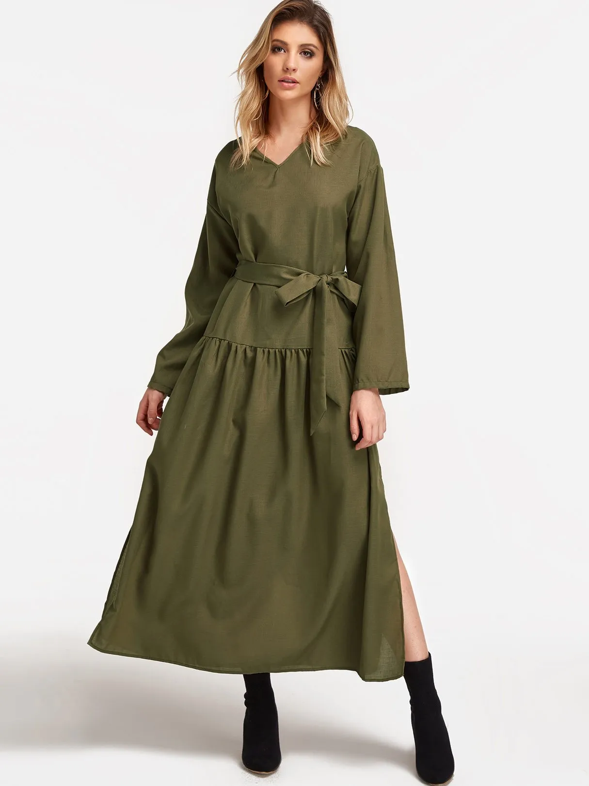 Wholesale Green V-Neck Long Sleeve Belt Slit Hem Maxi Dress