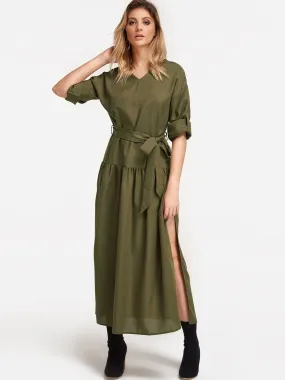 Wholesale Green V-Neck Long Sleeve Belt Slit Hem Maxi Dress