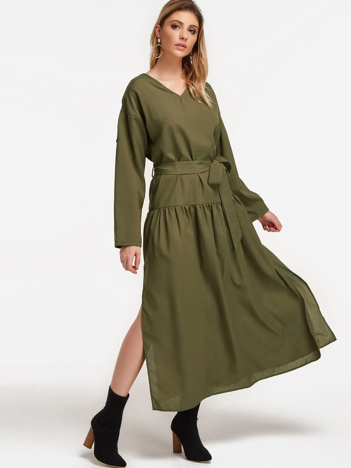 Wholesale Green V-Neck Long Sleeve Belt Slit Hem Maxi Dress