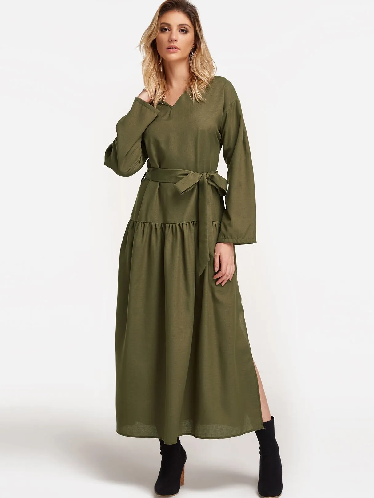 Wholesale Green V-Neck Long Sleeve Belt Slit Hem Maxi Dress