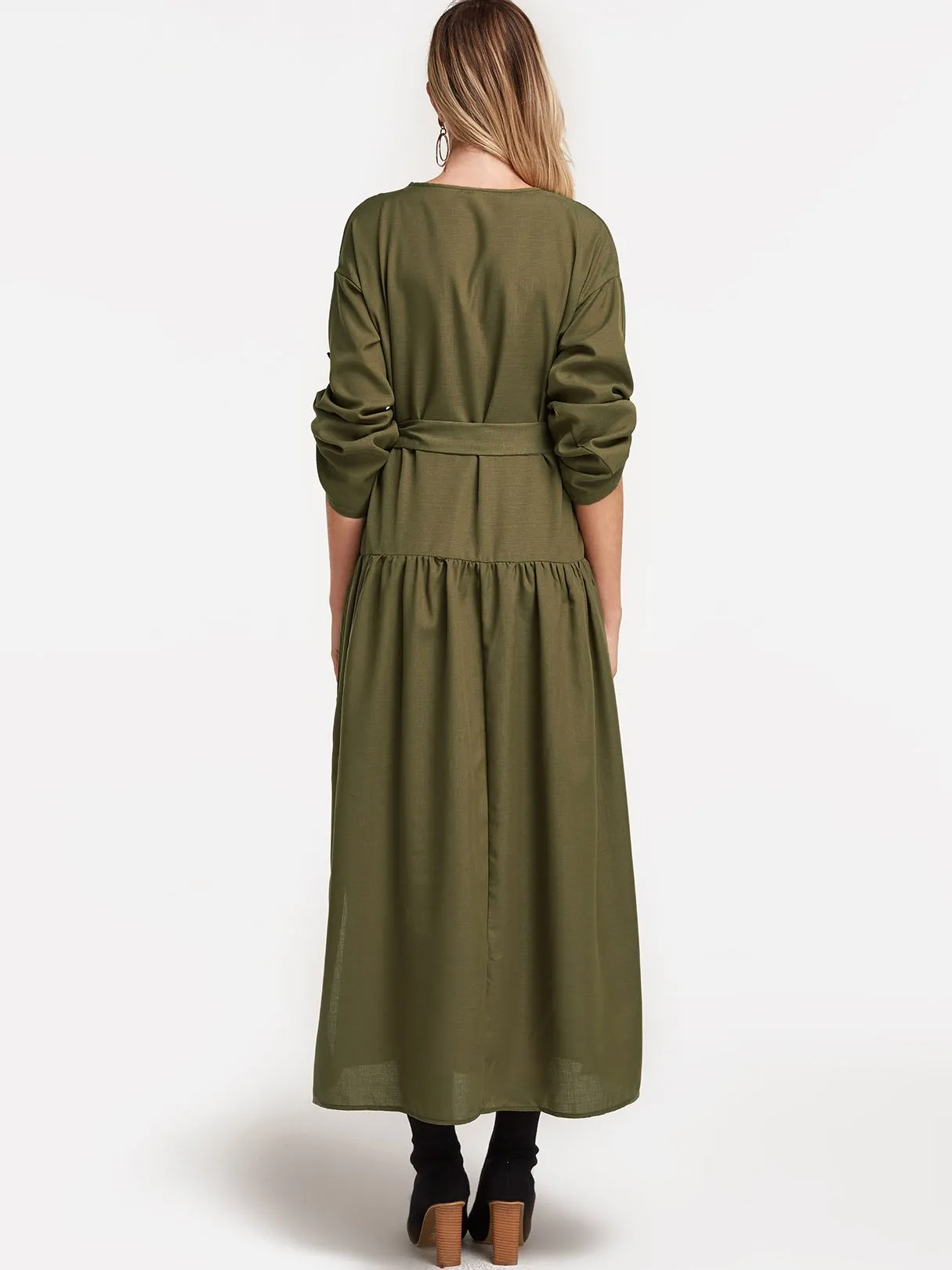 Wholesale Green V-Neck Long Sleeve Belt Slit Hem Maxi Dress