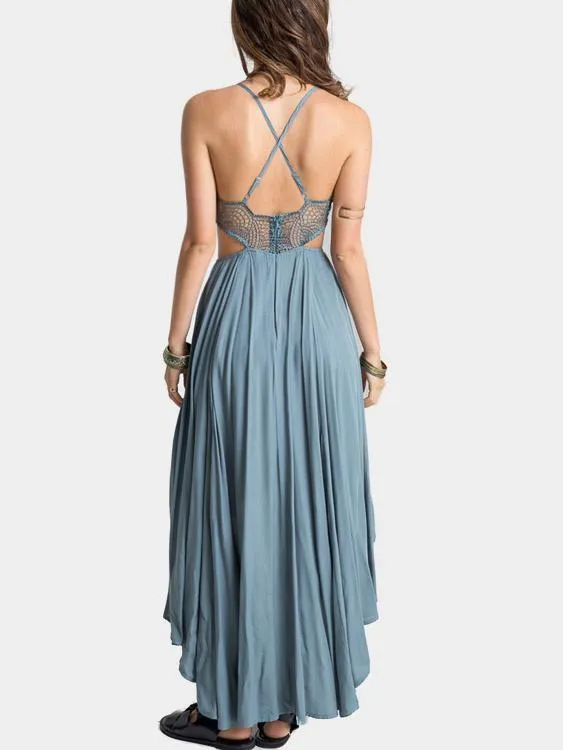 Wholesale Grey Blue V-Neck Sleeveless Plain Lace Cut Out Irregular Hem Maxi Dress