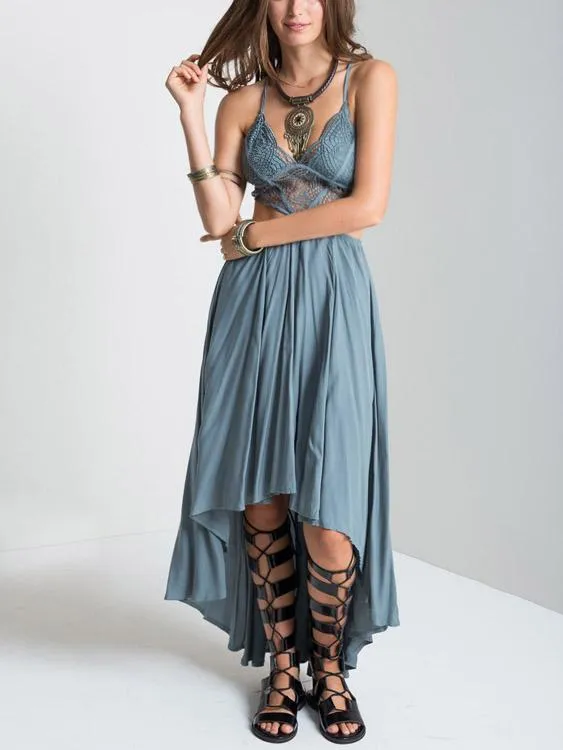 Wholesale Grey Blue V-Neck Sleeveless Plain Lace Cut Out Irregular Hem Maxi Dress