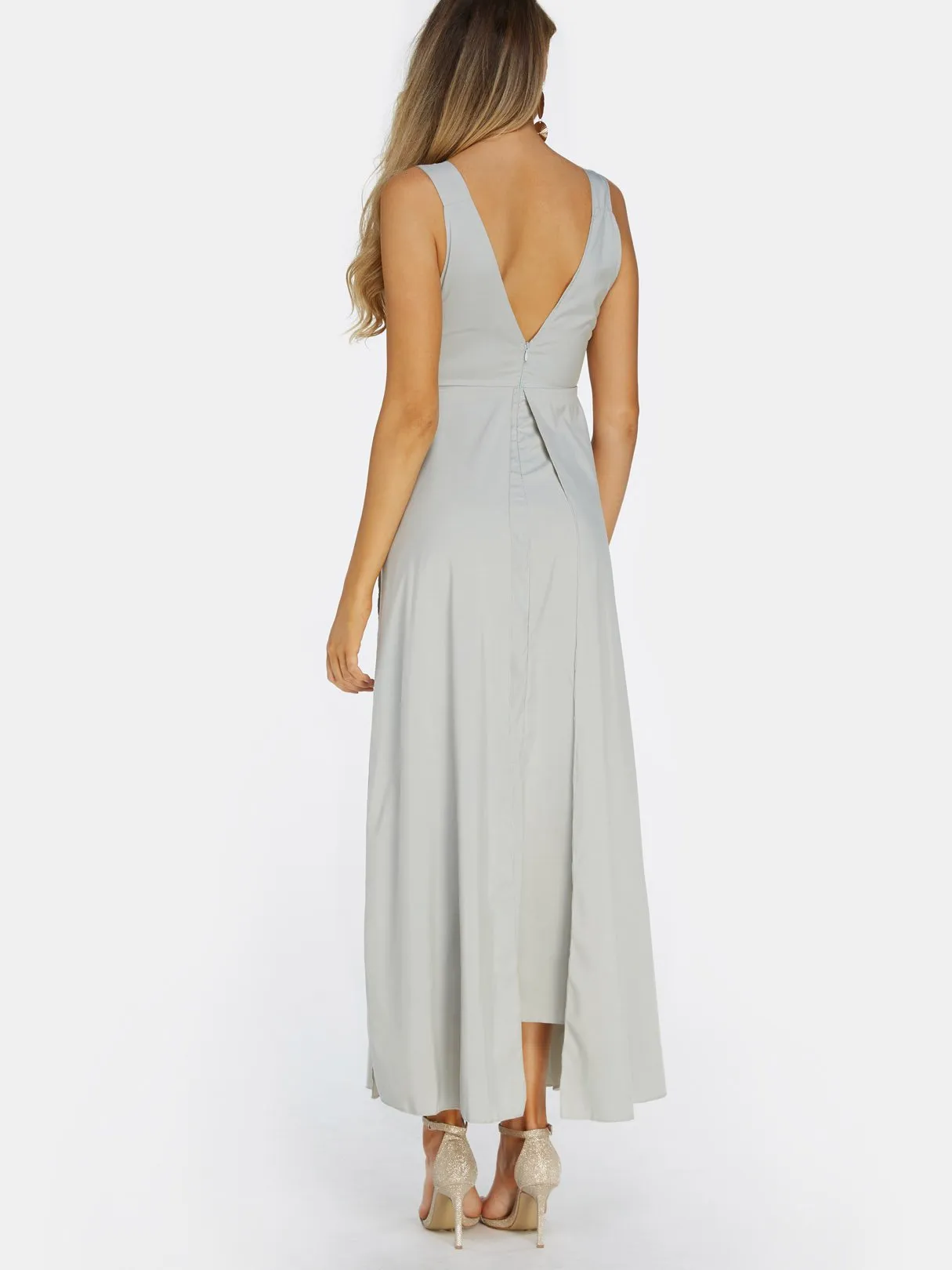 Wholesale Grey Deep V Neck Sleeveless Plain Backless Slit Maxi Dress