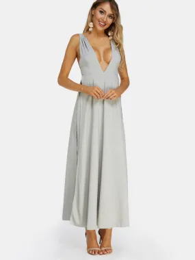 Wholesale Grey Deep V Neck Sleeveless Plain Backless Slit Maxi Dress