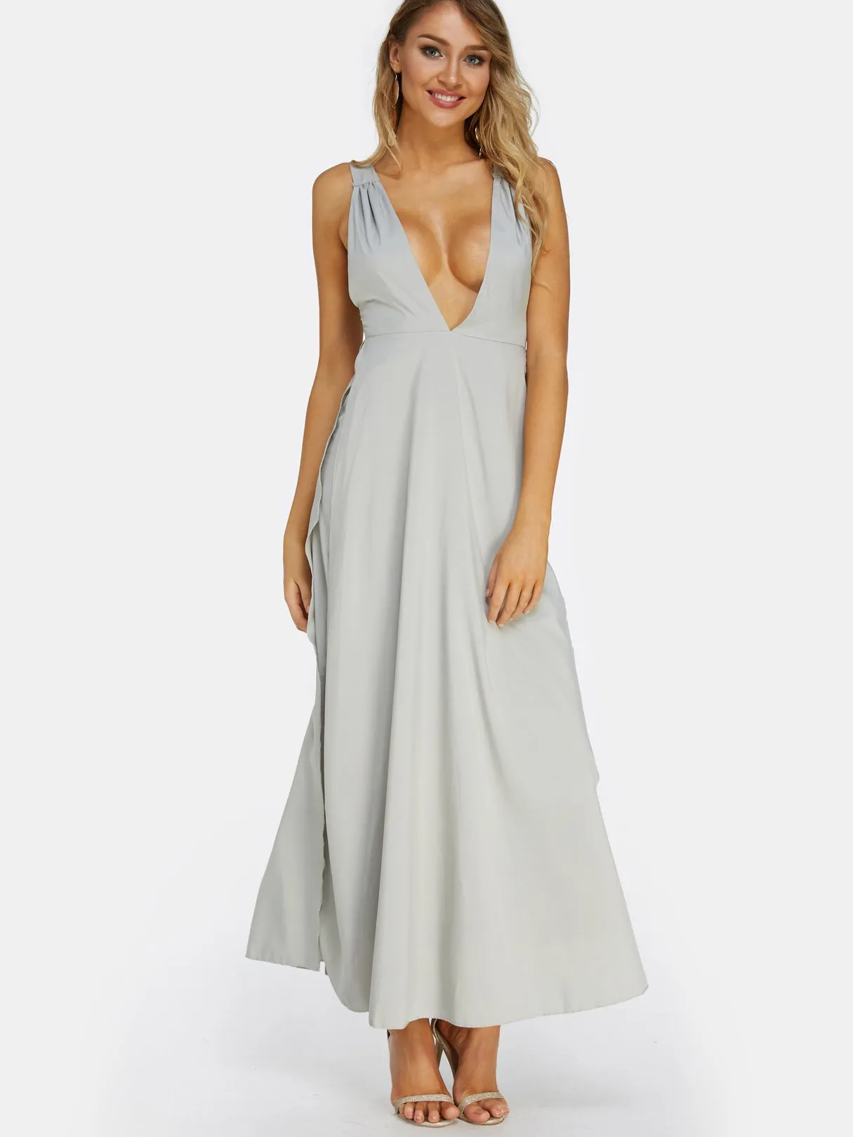 Wholesale Grey Deep V Neck Sleeveless Plain Backless Slit Maxi Dress