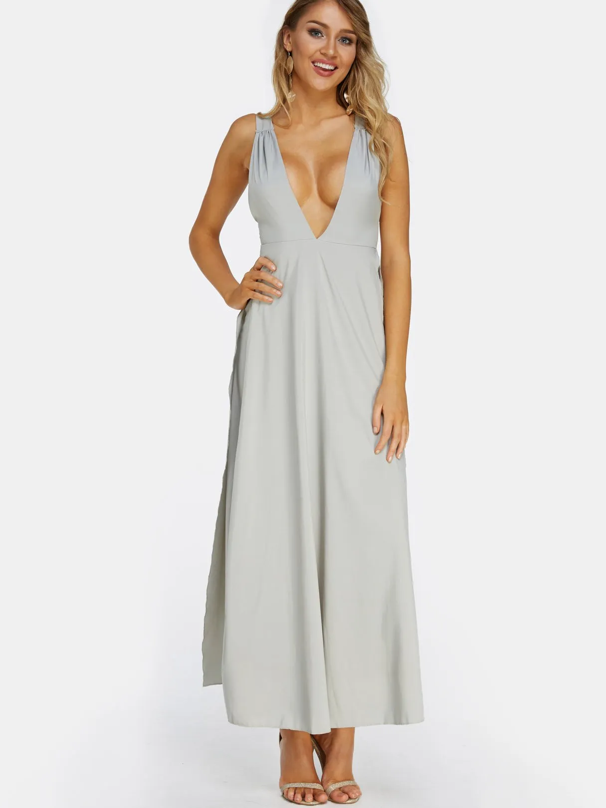 Wholesale Grey Deep V Neck Sleeveless Plain Backless Slit Maxi Dress