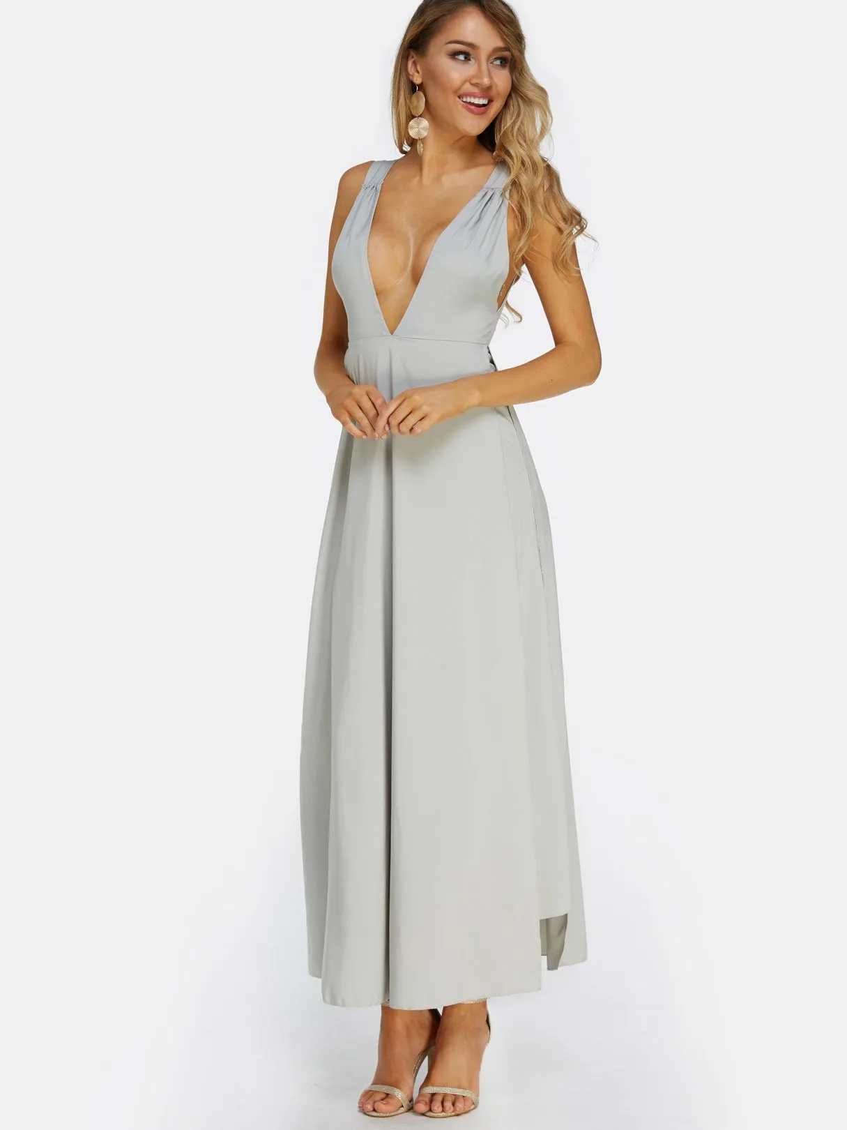 Wholesale Grey Deep V Neck Sleeveless Plain Backless Slit Maxi Dress