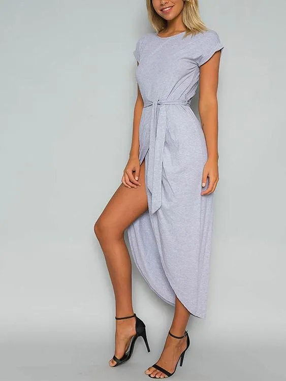 Wholesale Grey Round Neck Short Sleeve Slit Hem Midi Dress