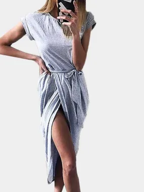 Wholesale Grey Round Neck Short Sleeve Slit Hem Midi Dress