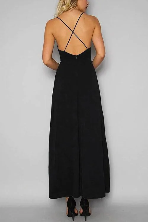 Wholesale Halter Sleeveless Embroidered Zip Back Slit Hem Maxi Dresses