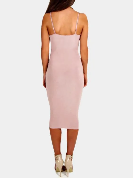 Wholesale Pink V-Neck Sleeveless Plain Backless Wrap Slit Hem Midi Dress