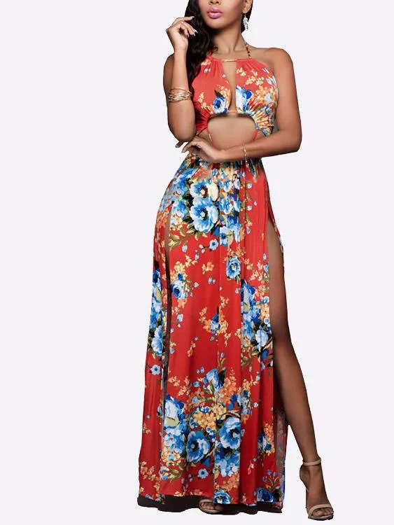 Wholesale Red Halter Sleeveless Floral Print Backless Hollow Cut Out Maxi Dress