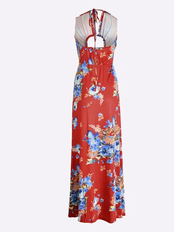 Wholesale Red Halter Sleeveless Floral Print Backless Hollow Cut Out Maxi Dress