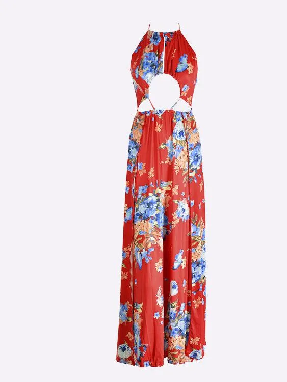 Wholesale Red Halter Sleeveless Floral Print Backless Hollow Cut Out Maxi Dress