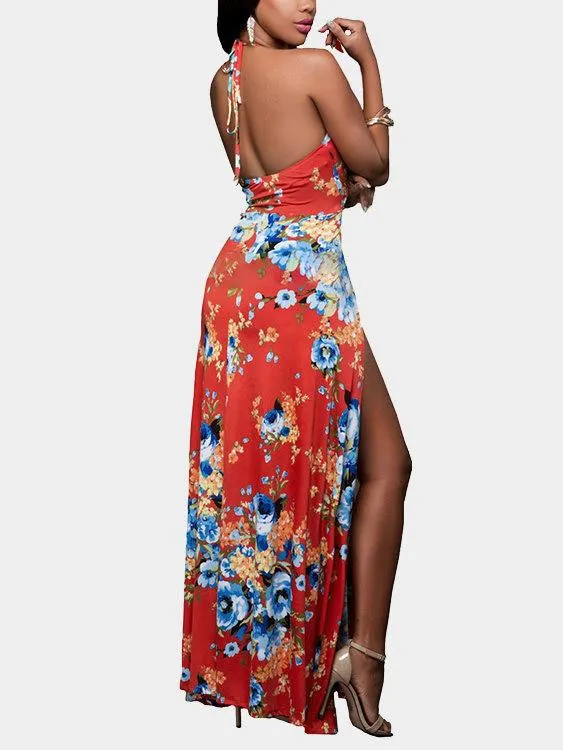 Wholesale Red Halter Sleeveless Floral Print Backless Hollow Cut Out Maxi Dress