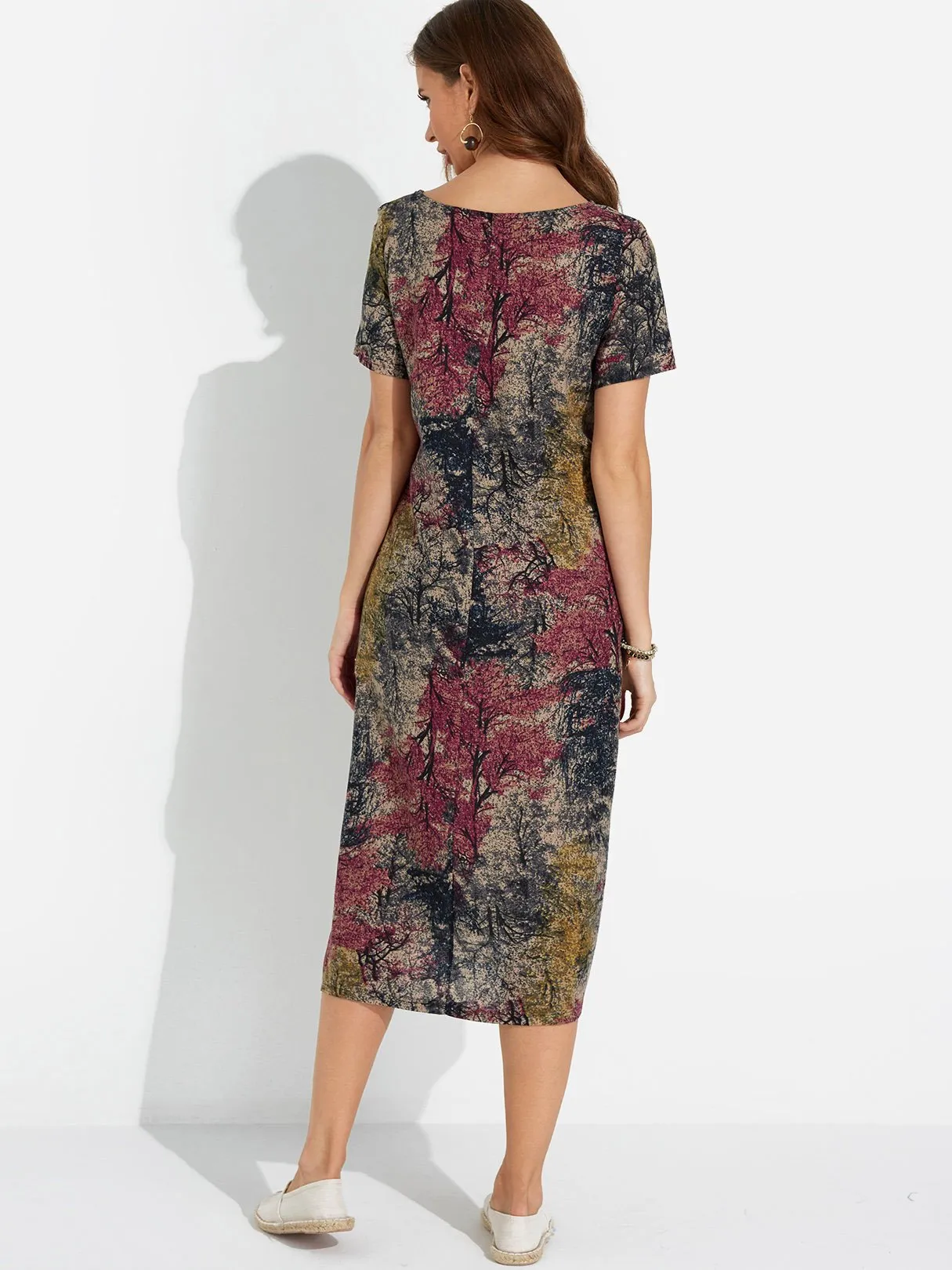 Wholesale Red Round Neck Short Sleeve Floral Print Midi Dress