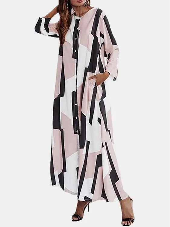 Wholesale Round Neck Long Sleeve Geometrical Maxi Dress