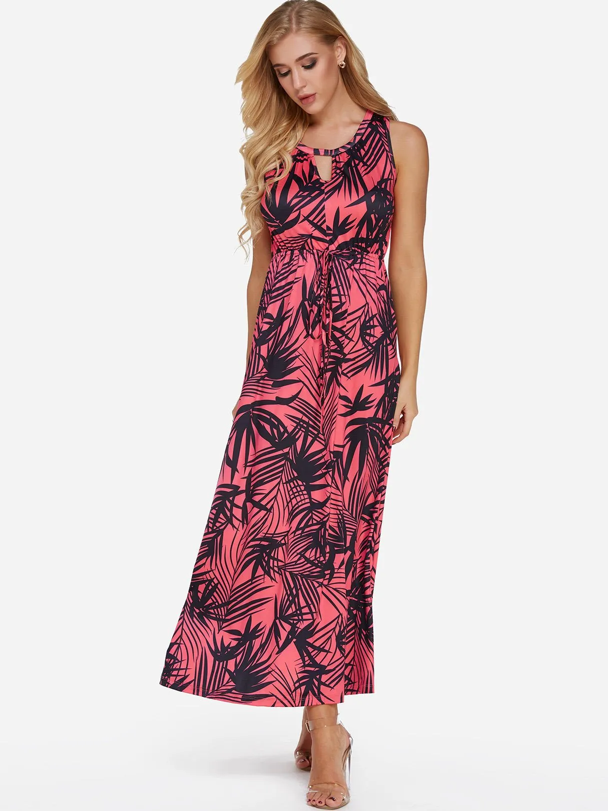 Wholesale Round Neck Sleeveless Floral Print Lace-Up Cut Out Maxi Dress