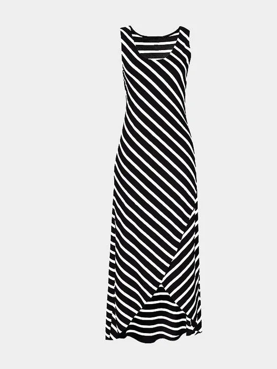 Wholesale Scoop Neck Sleeveless Stripe Irregular Slit Hem Maxi Dresses